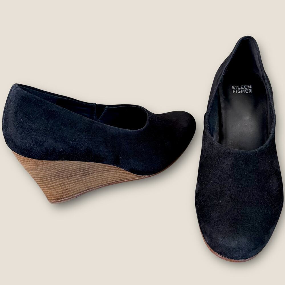 Eileen Fisher Suede Vero Cuoio Wedge High Heel Pump Shoes Women Size 9 Black